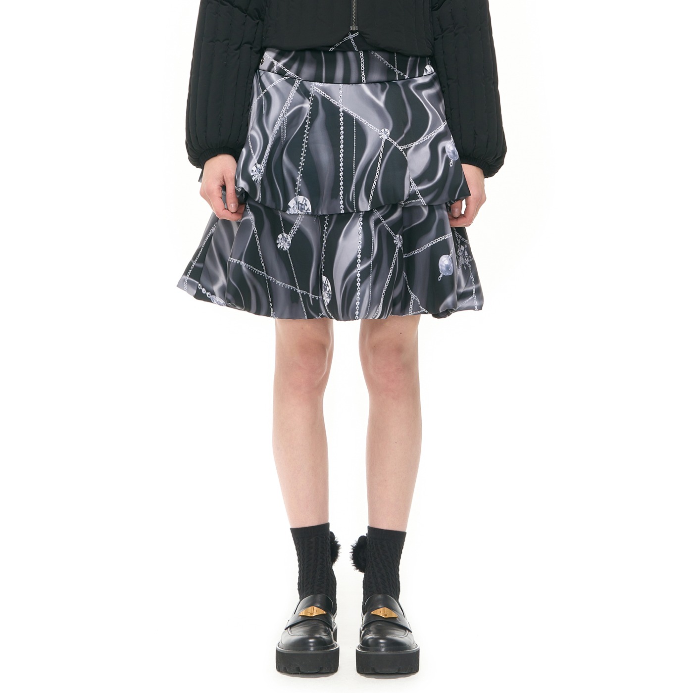 Double-Layered Flare Padded Skirt_BK